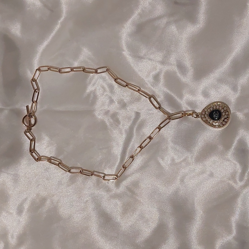 New CC Gold Pearl Paper Clip Pendant Necklace